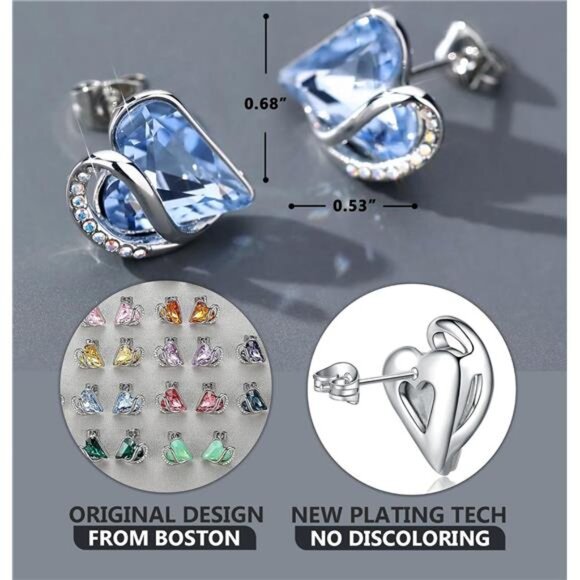 Silver Heart Birthstone Stud Earrings Crystal Jewelry Gift for Women Mom - Picture 3 of 7